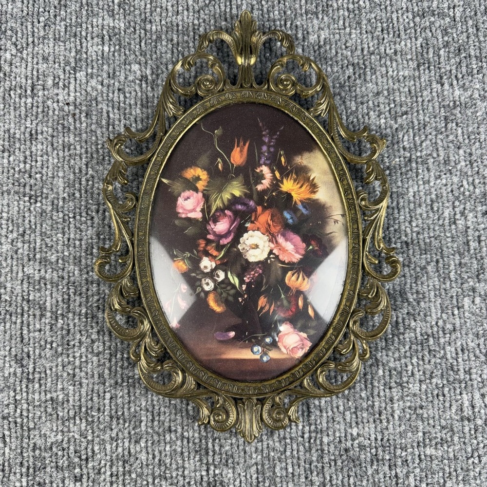 Vintage Italian Floral Oval Wall Print Gold Metal Bubble  Frame Art Decor